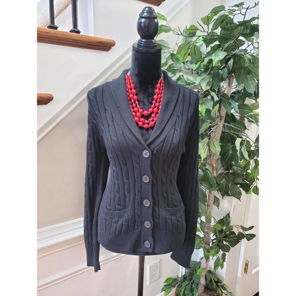 Chaps Women Black 100% Cotton Long Sleeve Buttons Front Cardigan Sweater Size L - Picture 1 of 9
